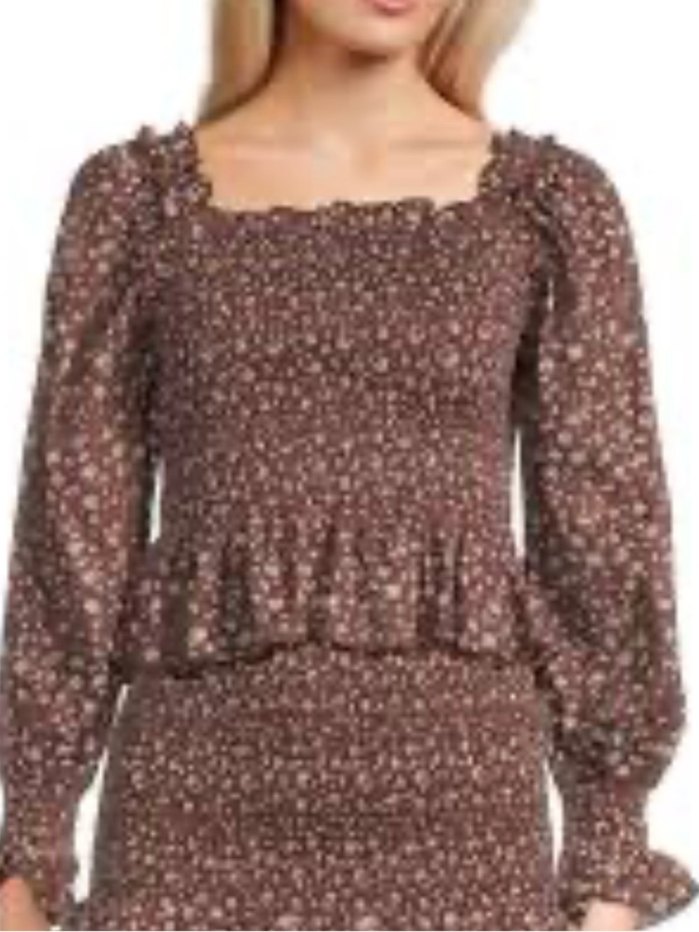 Katie J NYC Brown Floral Smocked Peplum Blouse with Pink Accents